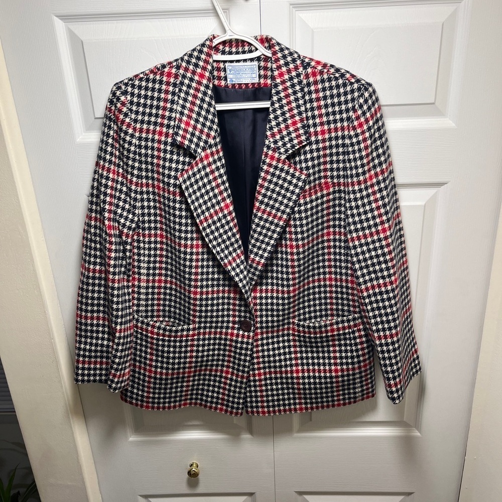 Pendleton Blue and White Houndstooth Blazer with Red Accents